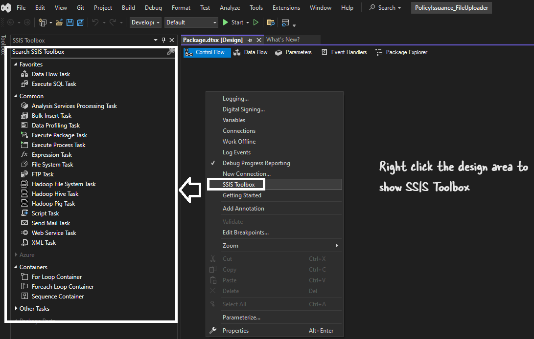 SSIS Toolbox Not Visible