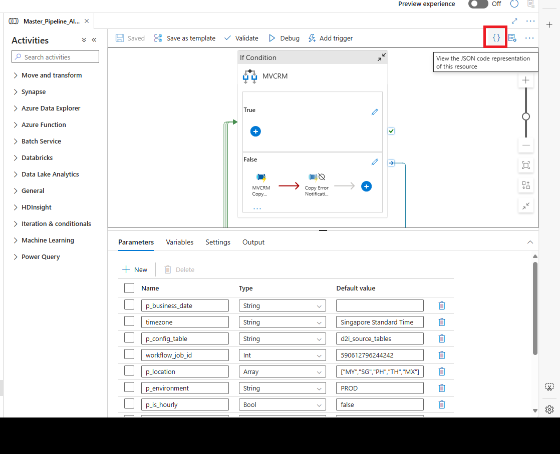 Icon for viewing JSON code in Azure Data Factory